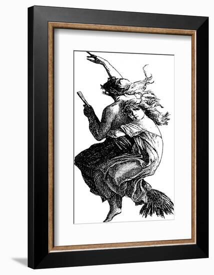 Young Witch Gets a Lift on the Broom of Her Older Companion as They Leave for the Sabbat-null-Framed Photographic Print