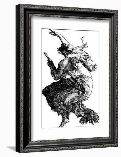 Young Witch Gets a Lift on the Broom of Her Older Companion as They Leave for the Sabbat-null-Framed Photographic Print