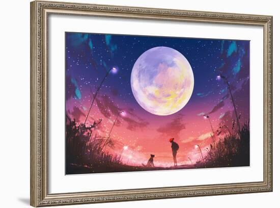 Young Woman and Dog at Beautiful Night with Huge Moon Above,Illustration Painting-Tithi Luadthong-Framed Art Print