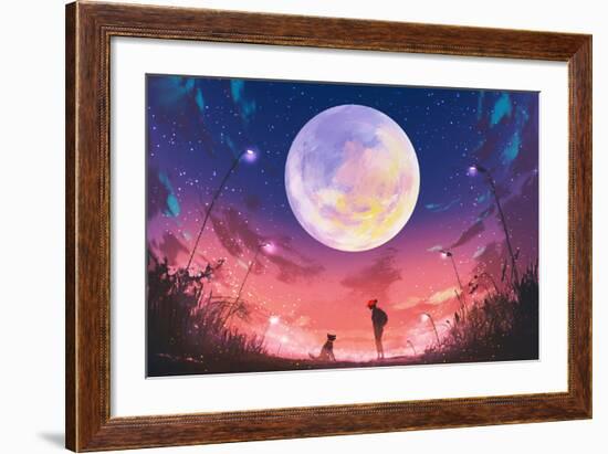 Young Woman and Dog at Beautiful Night with Huge Moon Above,Illustration Painting-Tithi Luadthong-Framed Art Print