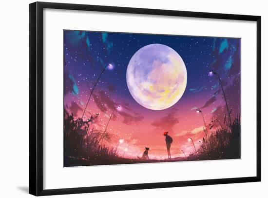 Young Woman and Dog at Beautiful Night with Huge Moon Above,Illustration Painting-Tithi Luadthong-Framed Premium Giclee Print