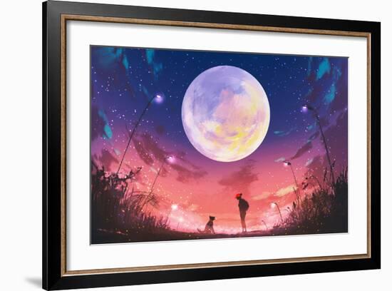 Young Woman and Dog at Beautiful Night with Huge Moon Above,Illustration Painting-Tithi Luadthong-Framed Premium Giclee Print