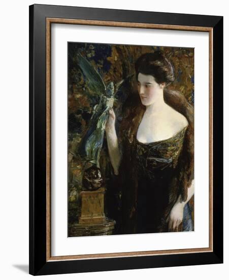 Young Woman and Statue-Childe Hassam-Framed Giclee Print