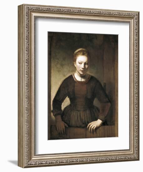 Young Woman at an Open Half-Door-Rembrandt van Rijn-Framed Art Print