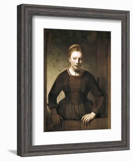 Young Woman at an Open Half-Door-Rembrandt van Rijn-Framed Art Print