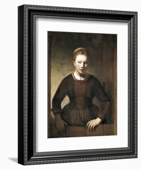 Young Woman at an Open Half-Door-Rembrandt van Rijn-Framed Art Print