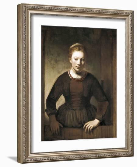 Young Woman at an Open Half-Door-Rembrandt van Rijn-Framed Art Print