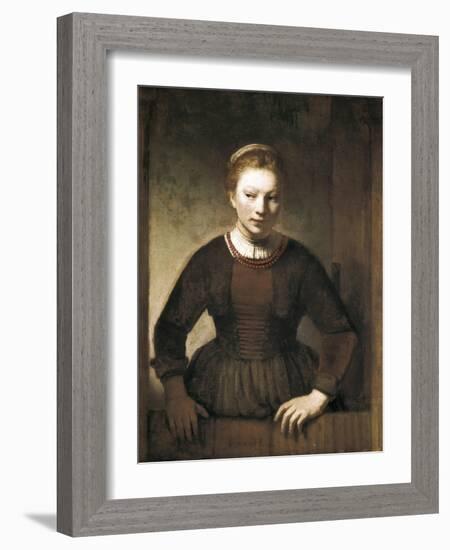 Young Woman at an Open Half-Door-Rembrandt van Rijn-Framed Art Print