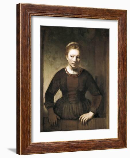 Young Woman at an Open Half-Door-Rembrandt van Rijn-Framed Art Print