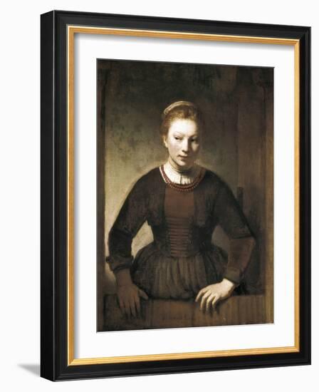 Young Woman at an Open Half-Door-Rembrandt van Rijn-Framed Art Print