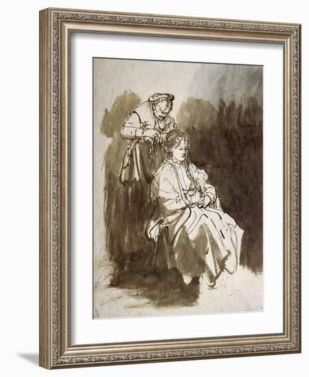 Young Woman at Her Toilet, Pen and Brown Ink, Brown Wash-Rembrandt van Rijn-Framed Giclee Print