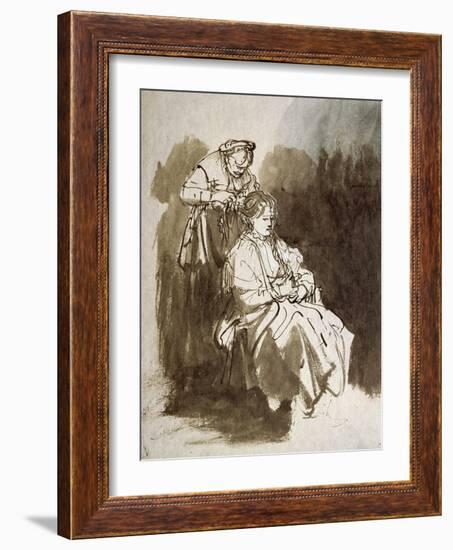 Young Woman at Her Toilet, Pen and Brown Ink, Brown Wash-Rembrandt van Rijn-Framed Giclee Print