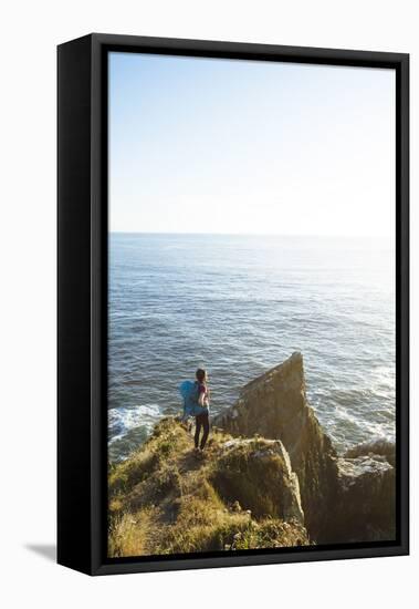 Young Woman Backpacking The Oregon Coast Trail. Oswald West State Park, OR-Justin Bailie-Framed Premier Image Canvas