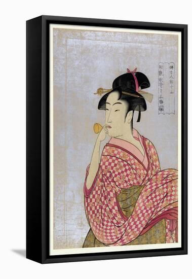 Young Woman Blowing a Glass Pipe (Poppin), from the Series Ten Types in the Physiognomic Study of W-Kitagawa Utamaro-Framed Premier Image Canvas