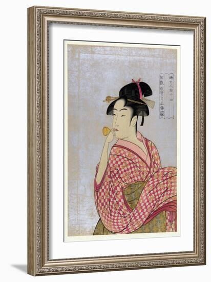 Young Woman Blowing a Glass Pipe (Poppin), from the Series Ten Types in the Physiognomic Study of W-Kitagawa Utamaro-Framed Giclee Print