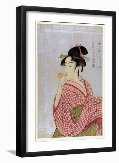 Young Woman Blowing a Glass Pipe (Poppin), from the Series Ten Types in the Physiognomic Study of W-Kitagawa Utamaro-Framed Giclee Print