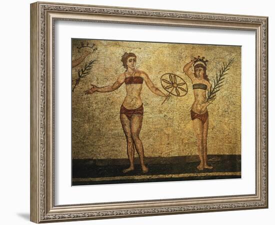 Young Woman Crowning Herself; Another Dancing, Mosaic of Palaestra Games, Roman villa, Casale-null-Framed Giclee Print