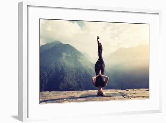 Young Woman Doing Complex Yoga Exercise Headstand with Namaste Asana. Amazing Yoga Landscape in Bea-AnnaTamila-Framed Photographic Print