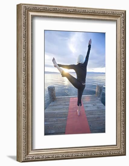 Young Woman Doing Yoga on Pier in Tahoe City, California-Justin Bailie-Framed Photographic Print