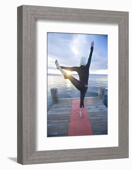 Young Woman Doing Yoga on Pier in Tahoe City, California-Justin Bailie-Framed Photographic Print