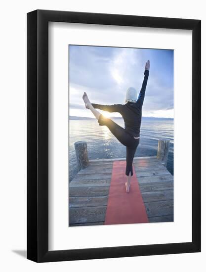 Young Woman Doing Yoga on Pier in Tahoe City, California-Justin Bailie-Framed Photographic Print