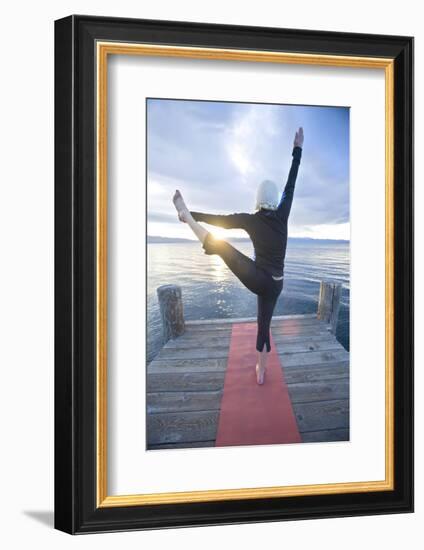 Young Woman Doing Yoga on Pier in Tahoe City, California-Justin Bailie-Framed Photographic Print