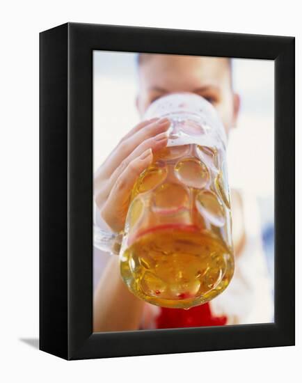 Young Woman Drinking a Litre of Beer at October Fest (Munich)-null-Framed Premier Image Canvas
