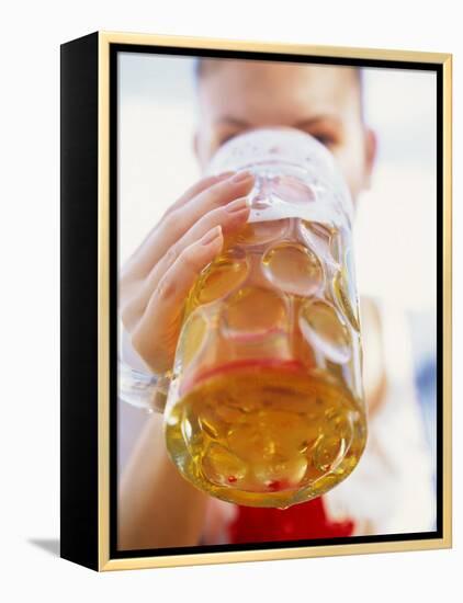 Young Woman Drinking a Litre of Beer at October Fest (Munich)-null-Framed Premier Image Canvas