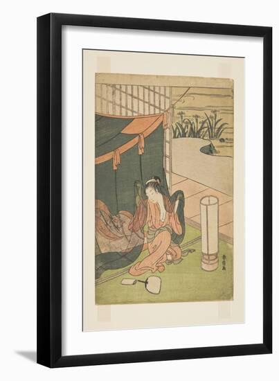 Young Woman Emerging from Mosquito Net (Colour Woodblock Print)-Suzuki Harunobu-Framed Giclee Print
