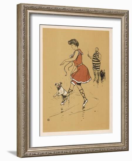 Young Woman in a Red Swimsuit with Her White Bulldog on the Beach-Cecil Aldin-Framed Art Print