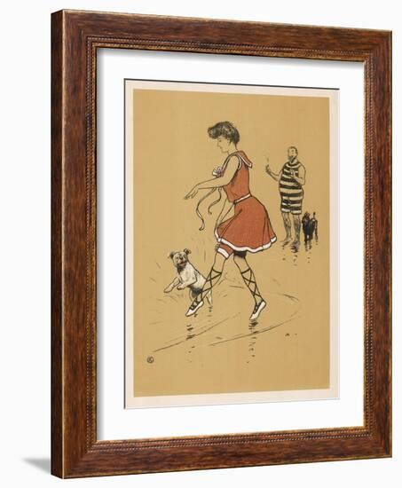 Young Woman in a Red Swimsuit with Her White Bulldog on the Beach-Cecil Aldin-Framed Art Print