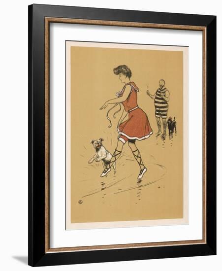 Young Woman in a Red Swimsuit with Her White Bulldog on the Beach-Cecil Aldin-Framed Art Print