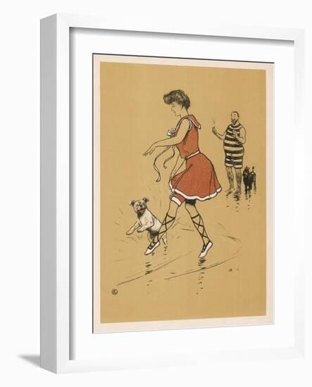 Young Woman in a Red Swimsuit with Her White Bulldog on the Beach-Cecil Aldin-Framed Art Print