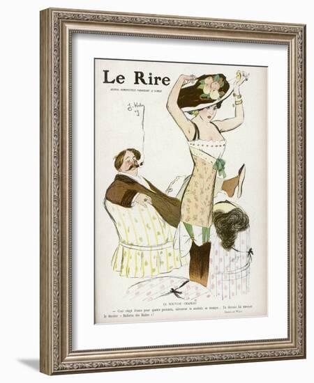 Young Woman in Corset Chemise and Stockings Secures Her New Hat-Jacques Wely-Framed Art Print