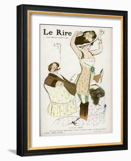 Young Woman in Corset Chemise and Stockings Secures Her New Hat-Jacques Wely-Framed Art Print