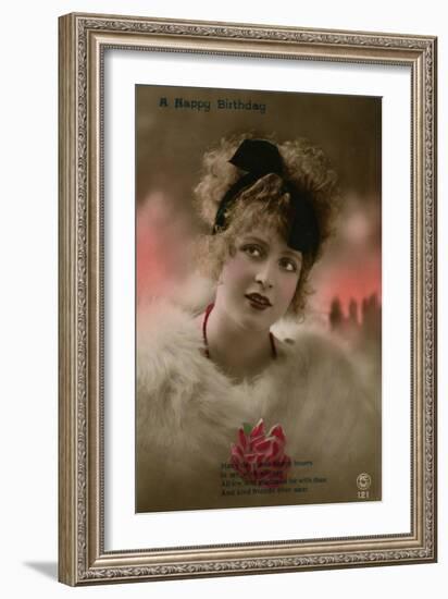 Young Woman in White Fur on a Birthday Postcard-null-Framed Photographic Print