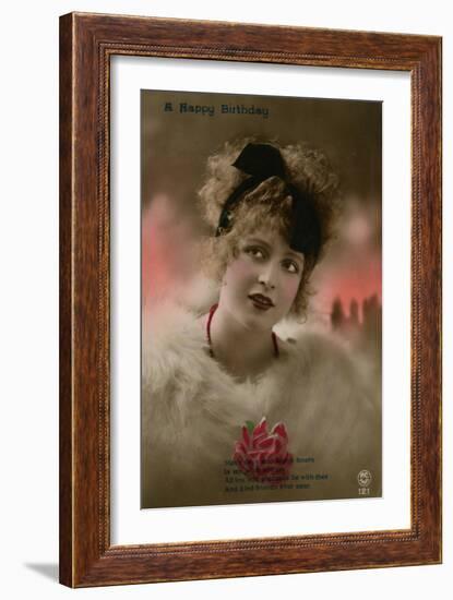 Young Woman in White Fur on a Birthday Postcard-null-Framed Photographic Print