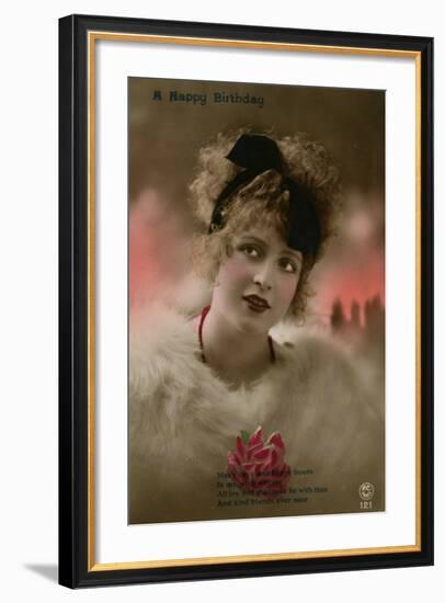 Young Woman in White Fur on a Birthday Postcard-null-Framed Photographic Print