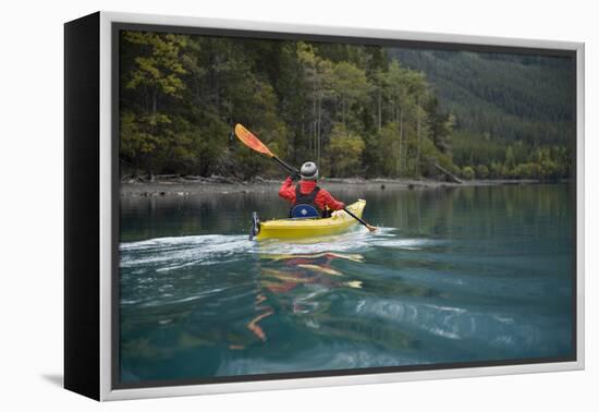 Young Woman Kayaking on Chilko Lake in British Columbia, Canada-Justin Bailie-Framed Premier Image Canvas