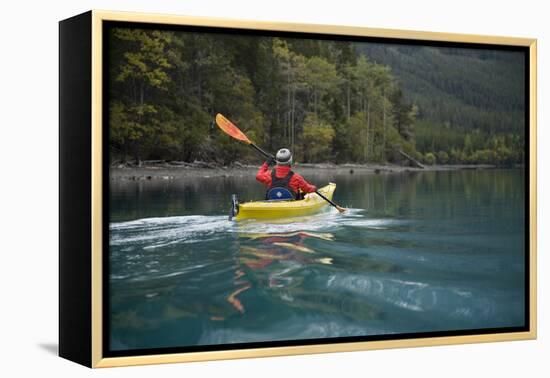 Young Woman Kayaking on Chilko Lake in British Columbia, Canada-Justin Bailie-Framed Premier Image Canvas