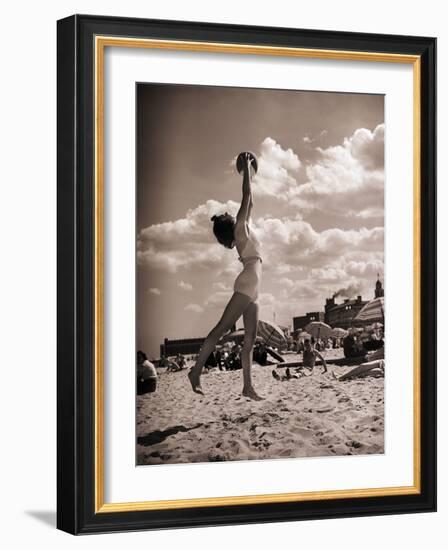 Young Woman Playing Ball on Beach-Philip Gendreau-Framed Photographic Print