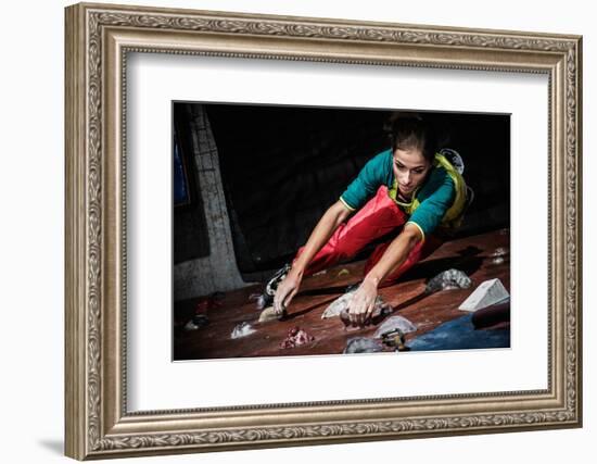 Young Woman Practicing Rock-Climbing on a Rock Wall Indoors-NejroN Photo-Framed Photographic Print