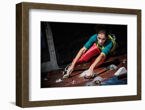 Young Woman Practicing Rock-Climbing on a Rock Wall Indoors-NejroN Photo-Framed Photographic Print