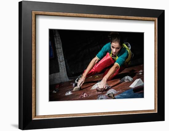 Young Woman Practicing Rock-Climbing on a Rock Wall Indoors-NejroN Photo-Framed Photographic Print