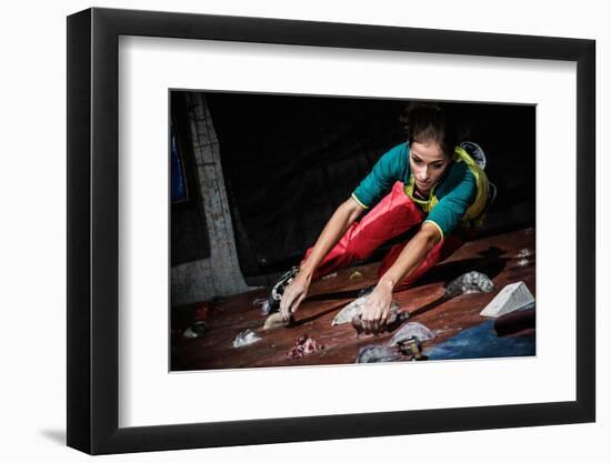 Young Woman Practicing Rock-Climbing on a Rock Wall Indoors-NejroN Photo-Framed Photographic Print
