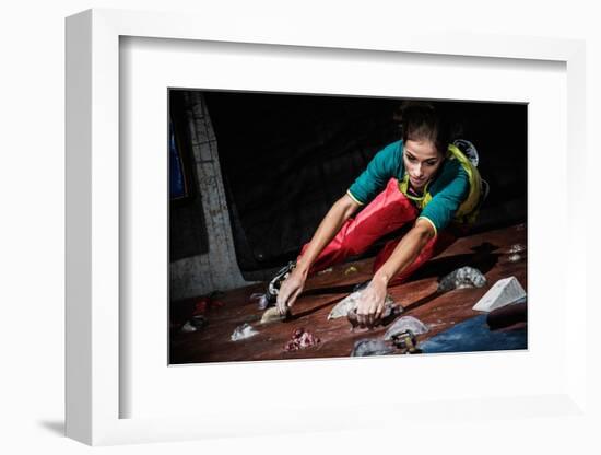 Young Woman Practicing Rock-Climbing on a Rock Wall Indoors-NejroN Photo-Framed Photographic Print