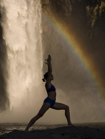 'Young Woman Practicing Yoga on a Rock, Snoqualmie Falls ...