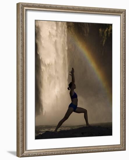 Young Woman Practicing Yoga on a Rock, Snoqualmie Falls, Washington State, USA-null-Framed Photographic Print