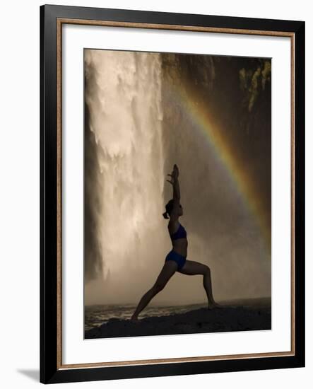 Young Woman Practicing Yoga on a Rock, Snoqualmie Falls, Washington State, USA-null-Framed Photographic Print