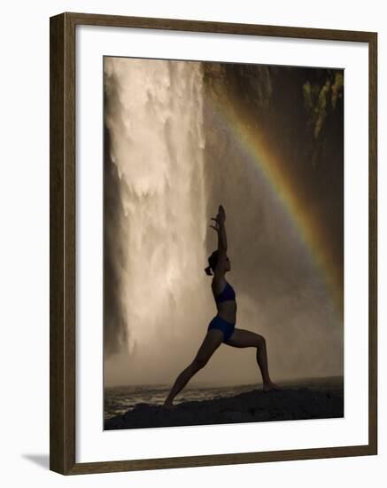 Young Woman Practicing Yoga on a Rock, Snoqualmie Falls, Washington State, USA-null-Framed Photographic Print